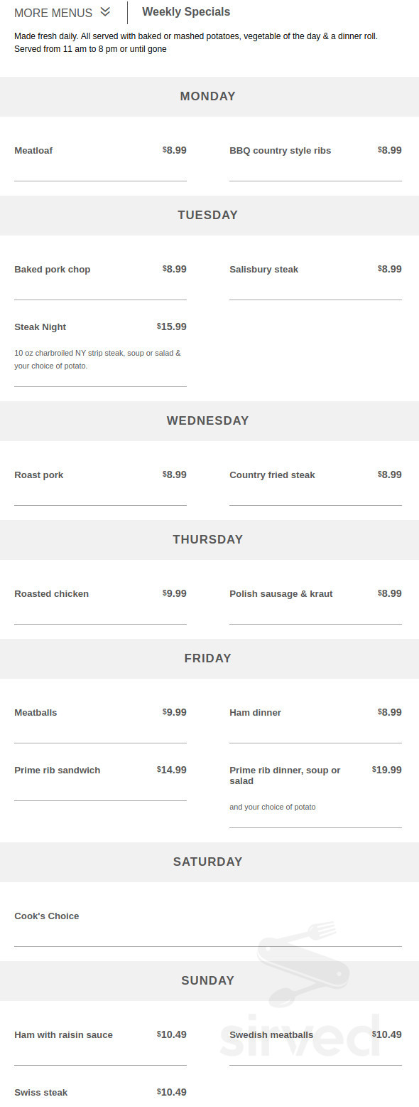 Big Chief Cafe menu in Fergus Falls, Minnesota, USA