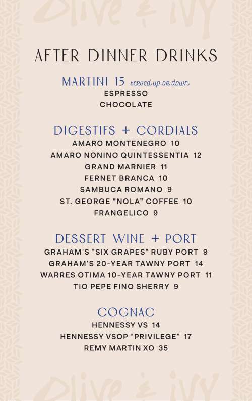 Olive & Ivy menu in Phoenix, Arizona, USA