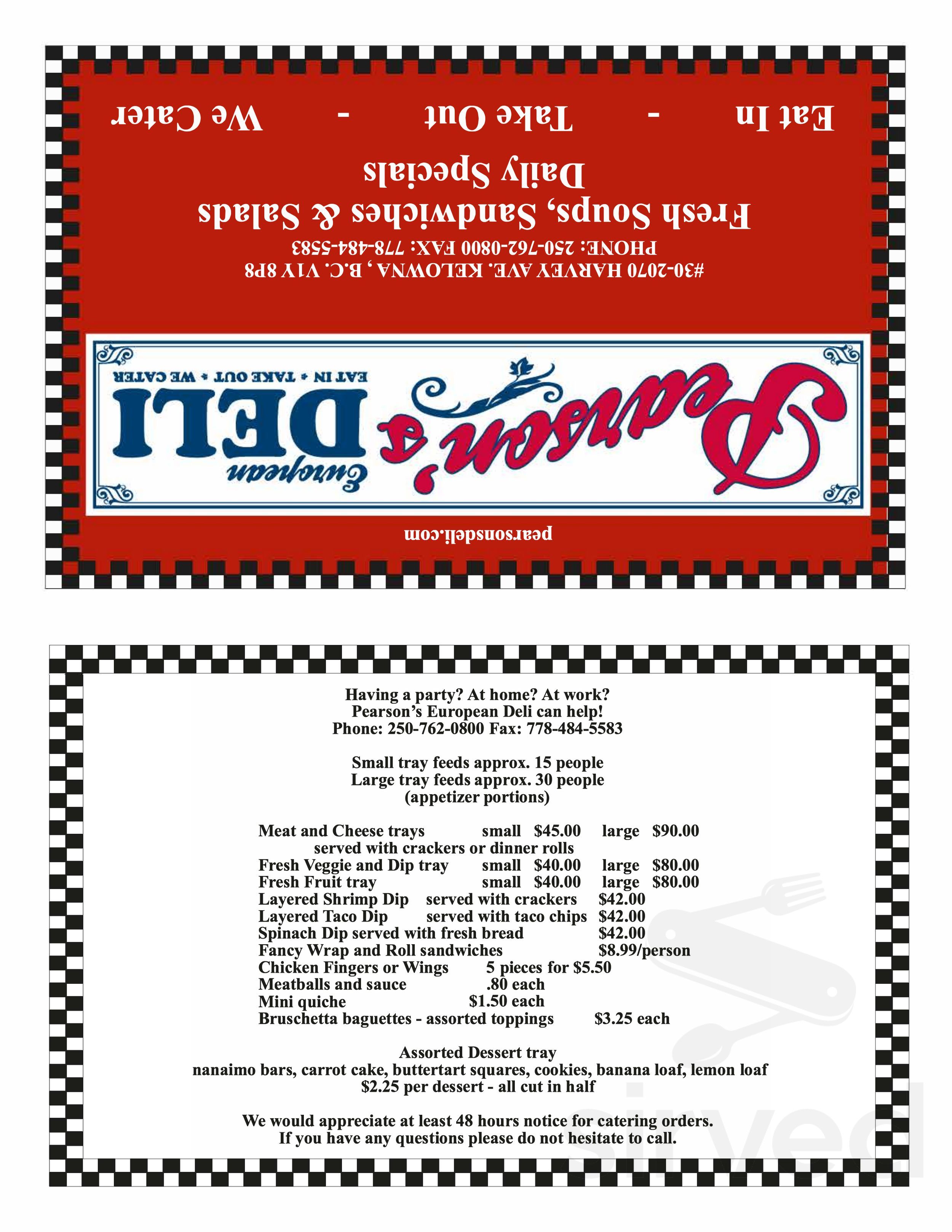 Pearson's European Deli menu in Kelowna, British Columbia