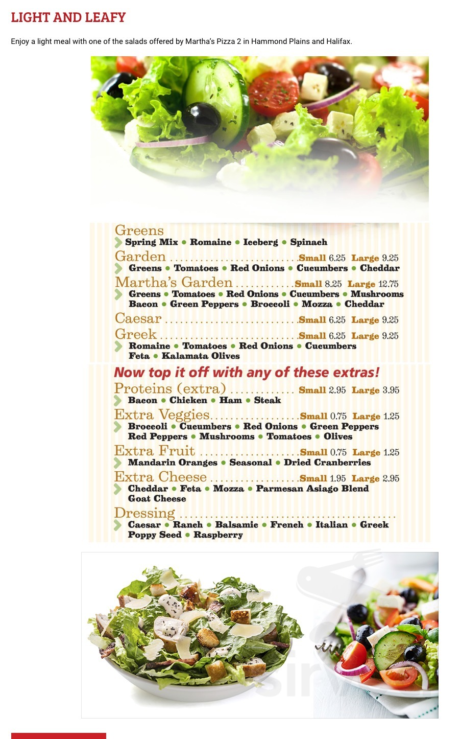 Martha's Pizza II menus in Bedford, Nova Scotia, Canada