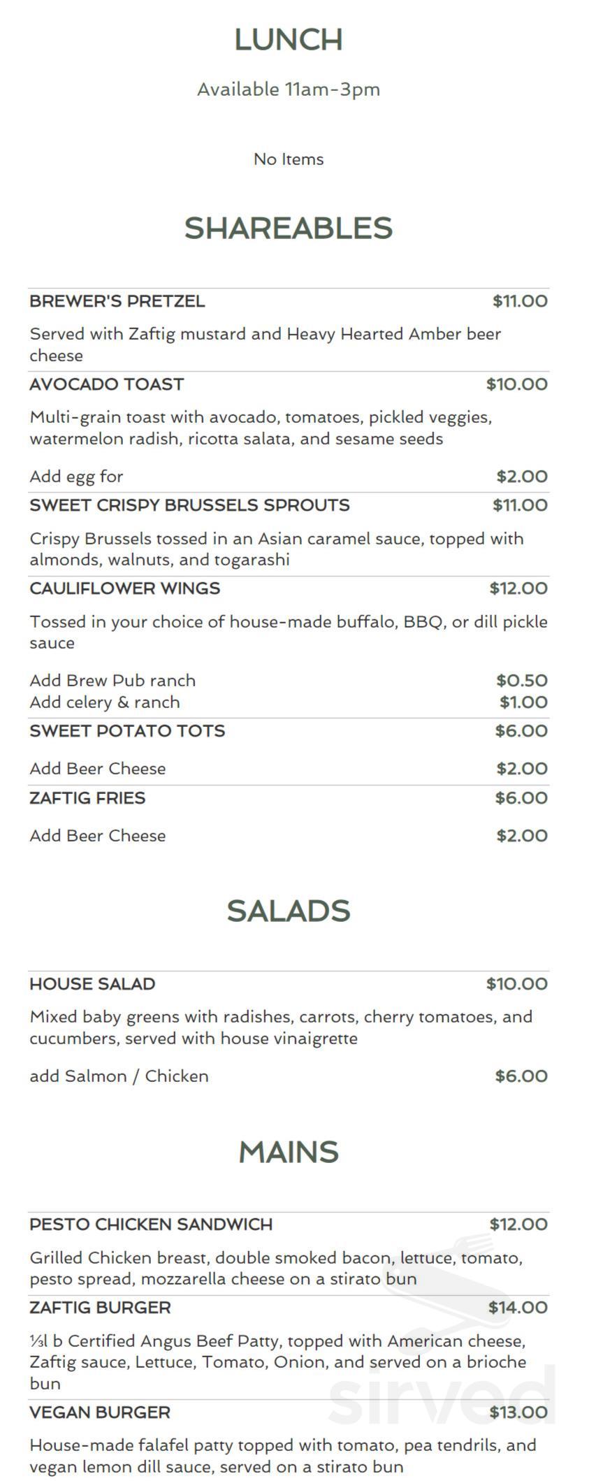 Zaftig Brew Pub menu in Columbus, Ohio, USA