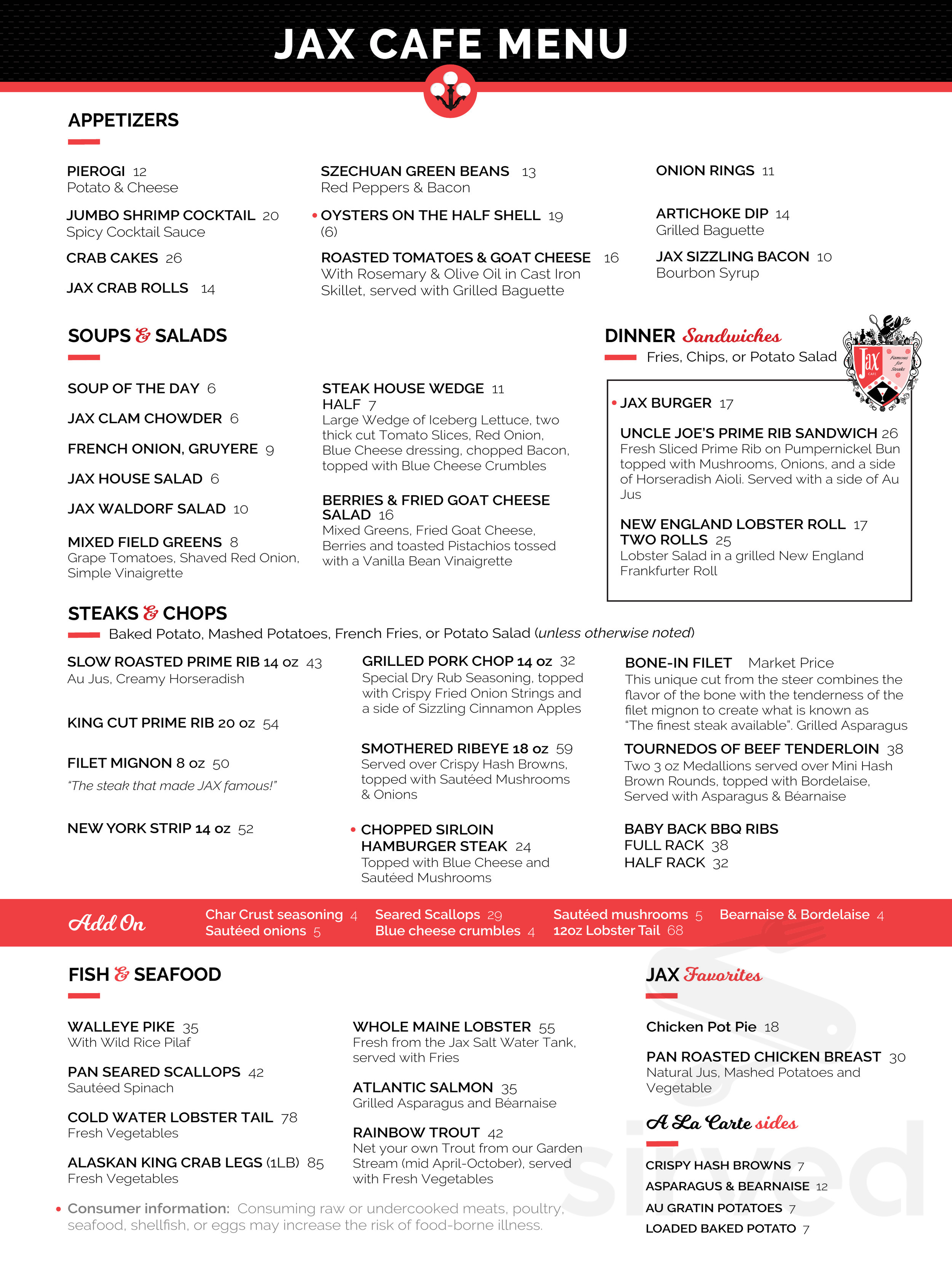 Menu for Jax Cafe in Minneapolis, MN | Sirved