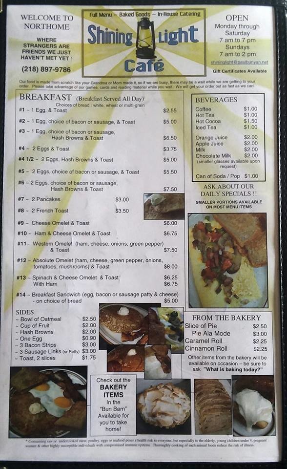 Shining Light Cafe menu in Northome, Minnesota