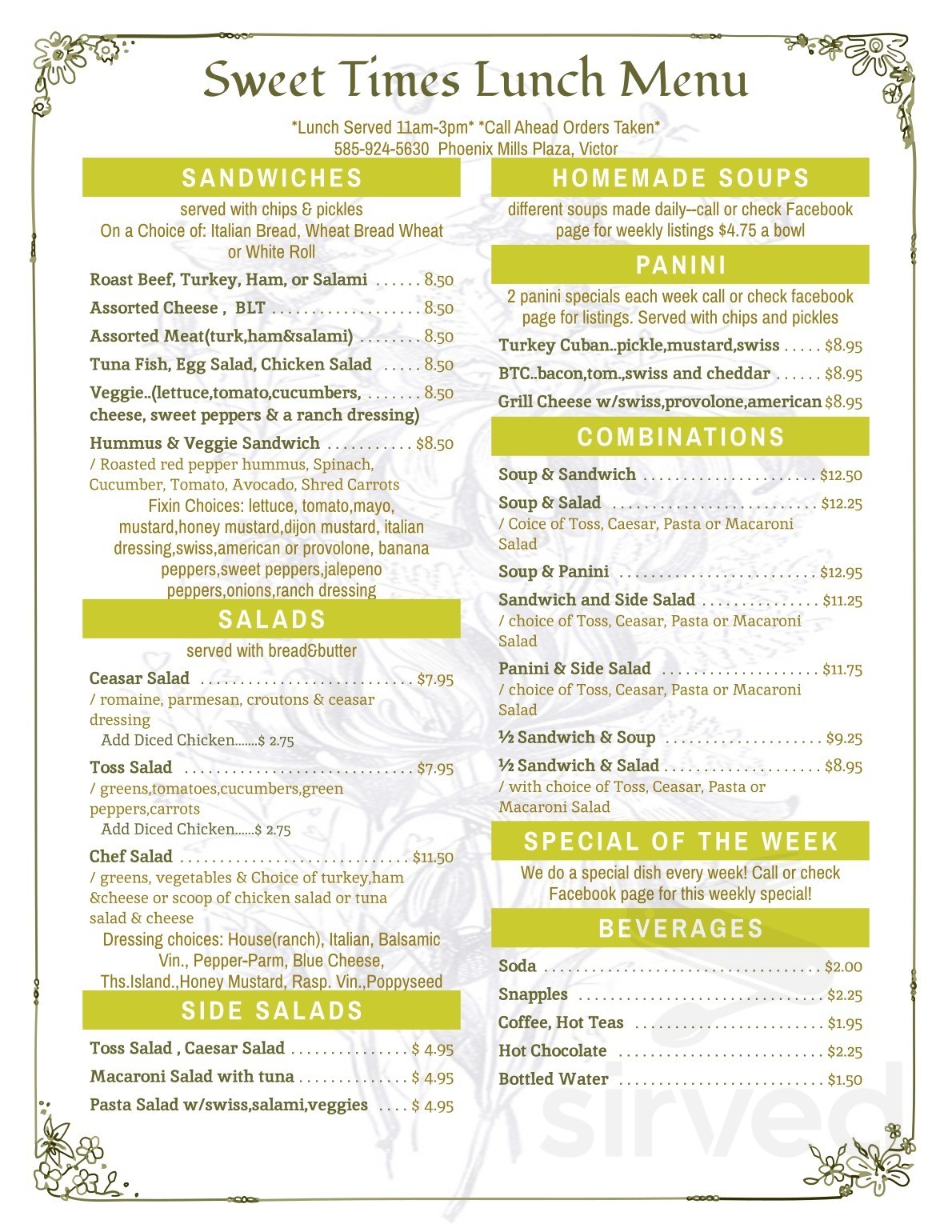 Menu for Sweet Times Bakery in Victor, NY Sirved