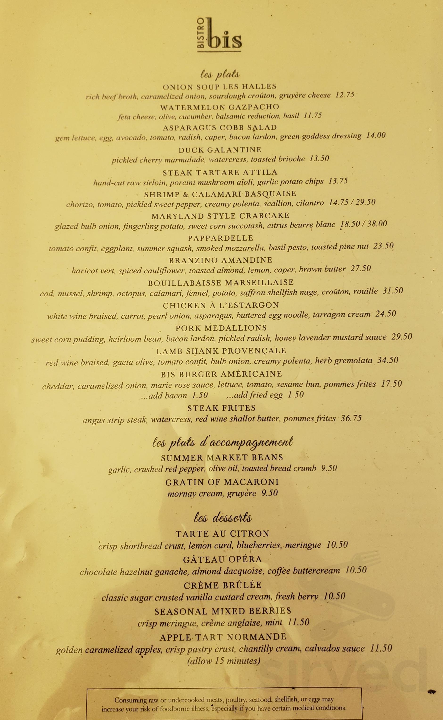 Bistro Bis menu in 15 E St NW, Washington, DC 20001