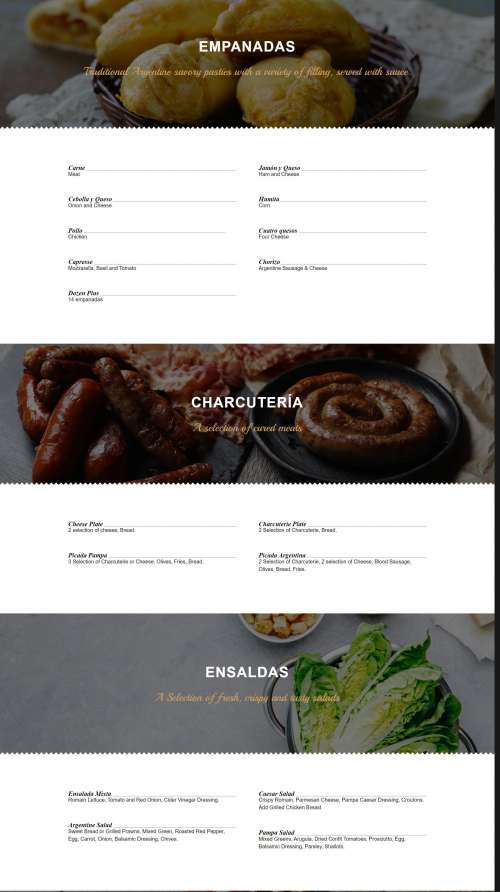 Pampa menu in Katy, Texas, USA