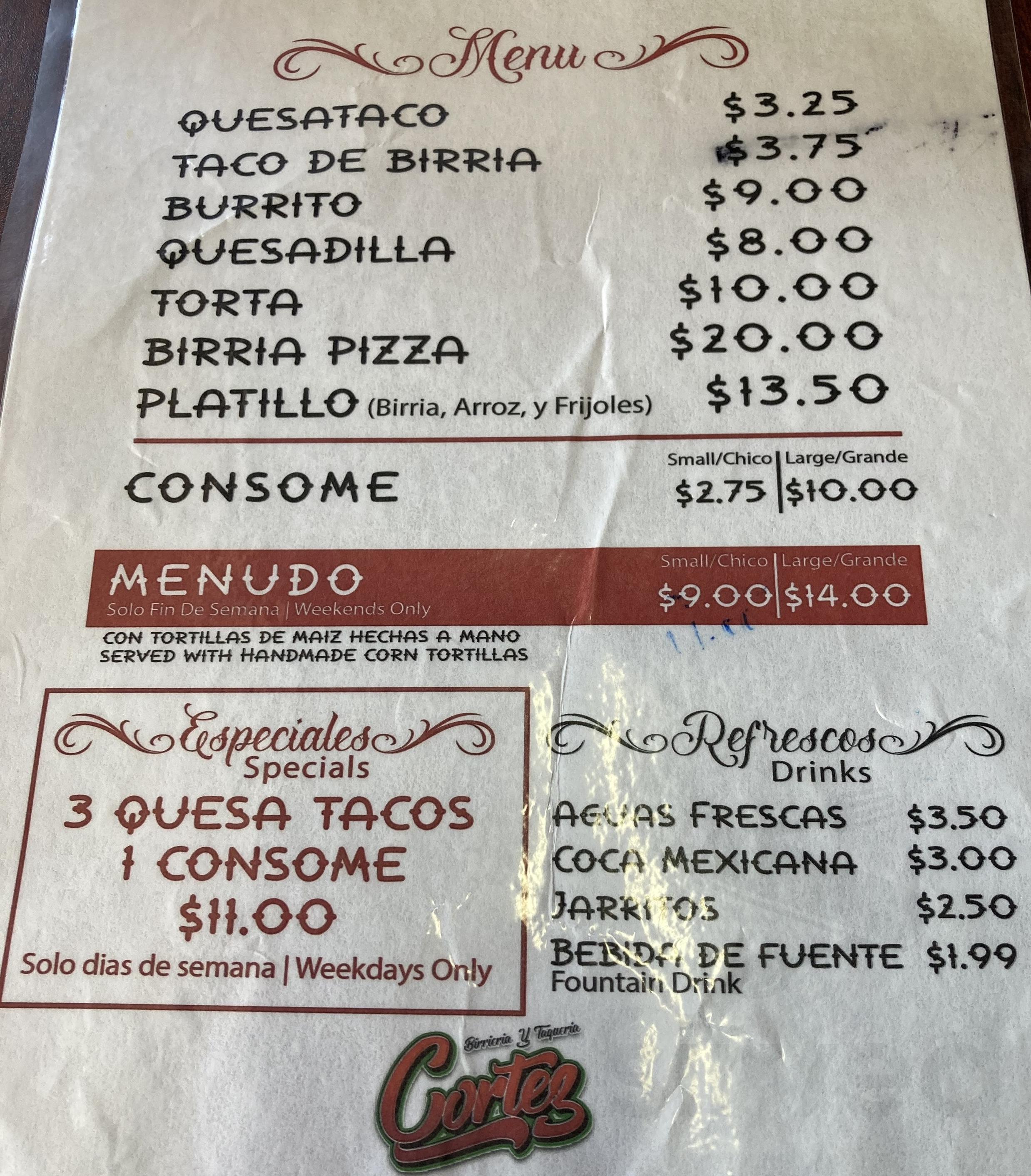 Birreria y Taqueria Cortez menu in Fort Worth, Texas, USA