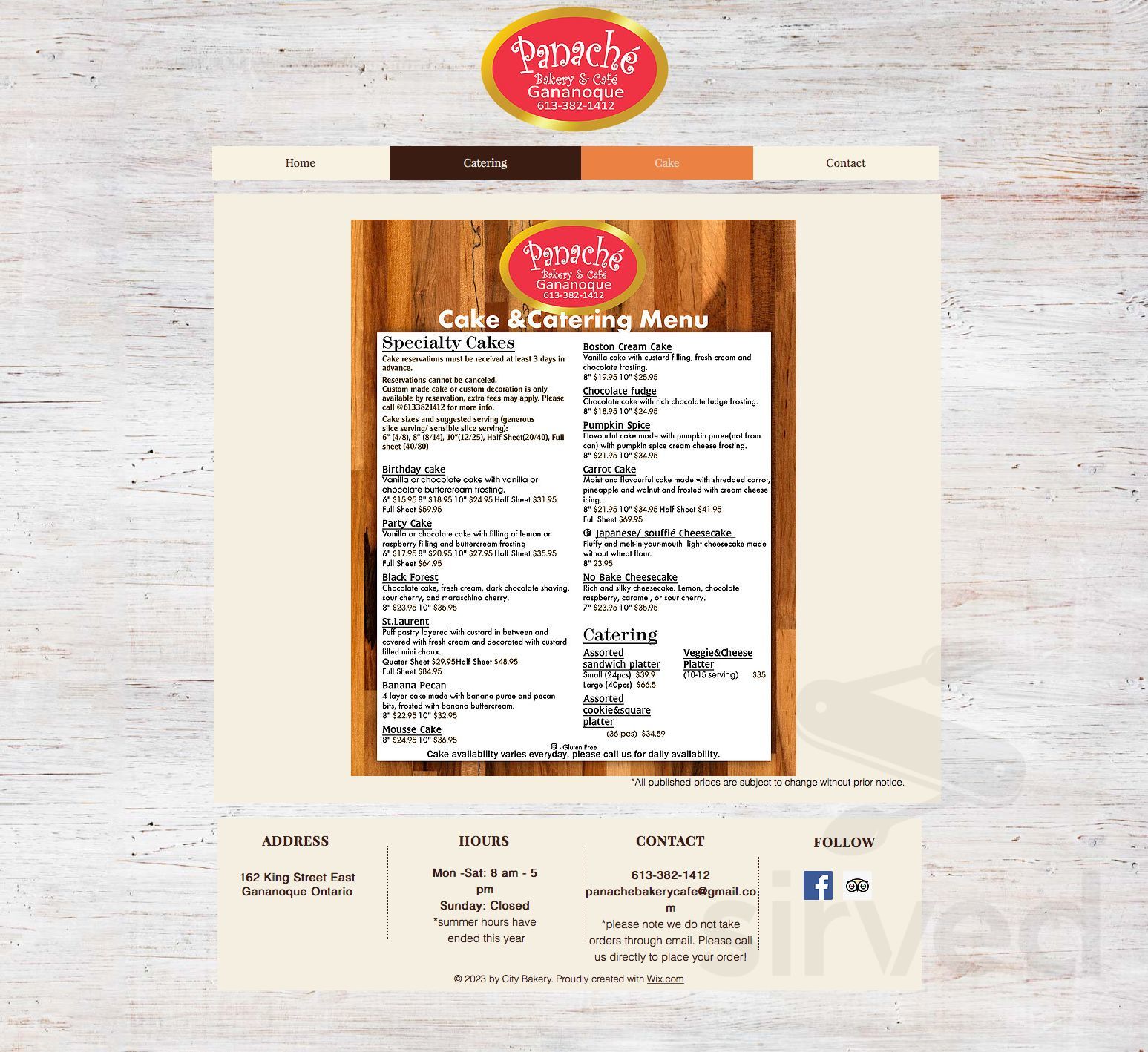 Panache Bakery & Café menu in Gananoque, Ontario