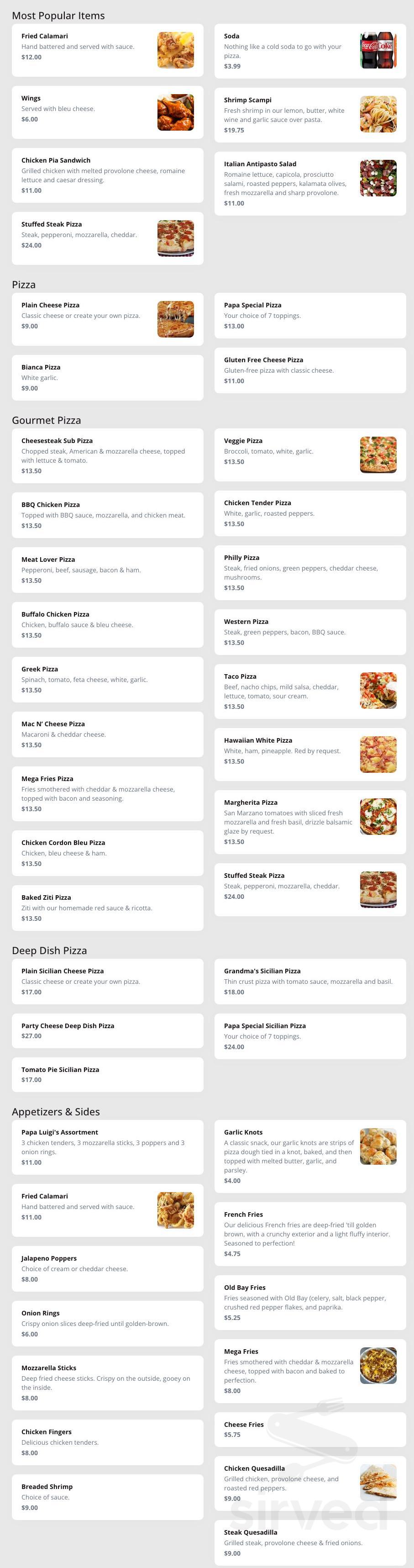 Papa Luigi's Pizzeria menu in Woodstown, New Jersey, USA