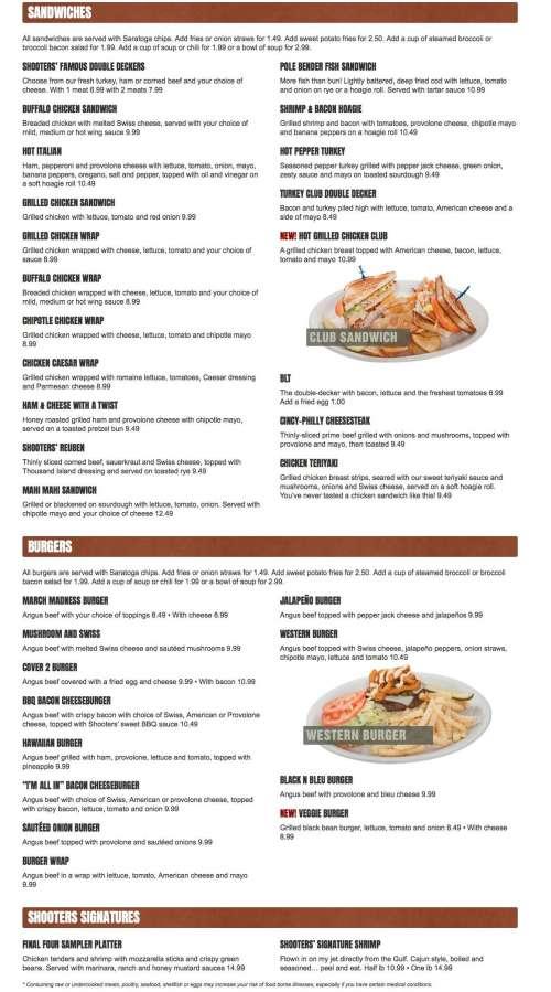 Shooters Sports Grill menu in Cincinnati, Ohio, USA