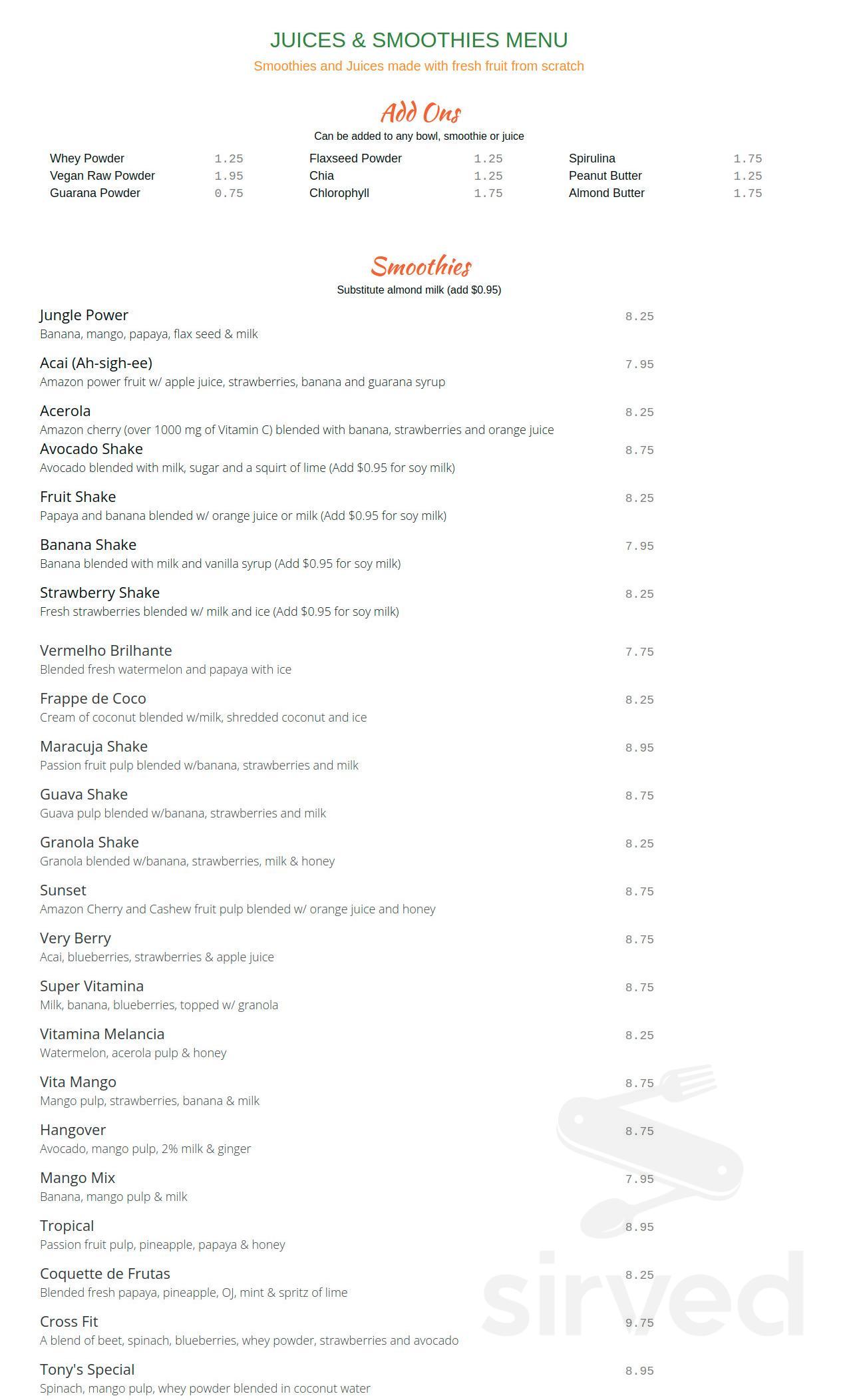 Menu Capitola CA's Amazon Juices Sirved