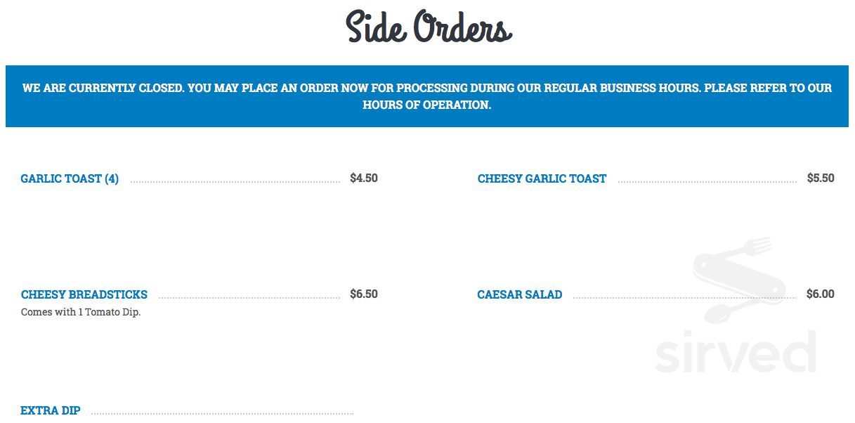 Mariner Pizza take out menu in Sidney, British Columbia