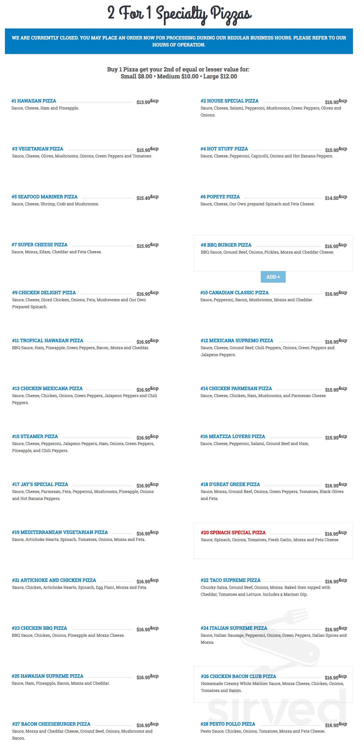 Mariner Pizza take out menu in Sidney, British Columbia