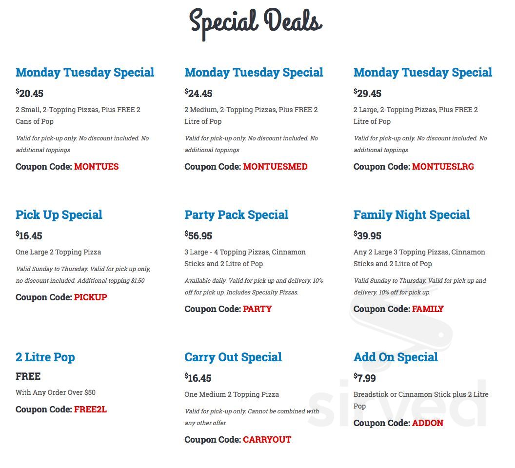 Mariner Pizza specials menu in Sidney, British Columbia