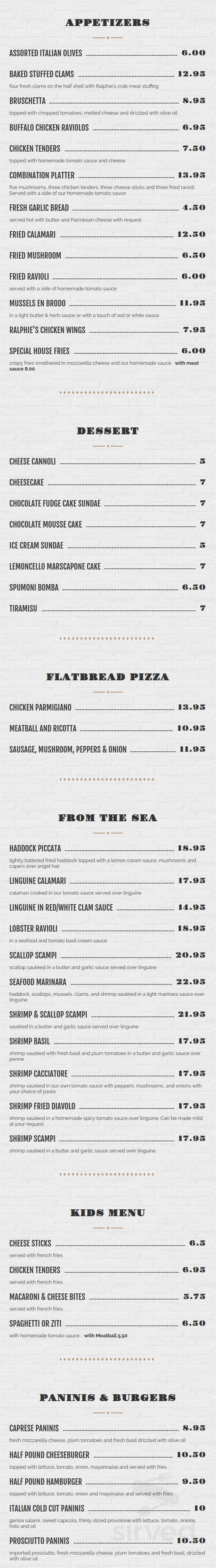 Ralphie's Cafe Italiano menu in Salem, New Hampshire, USA