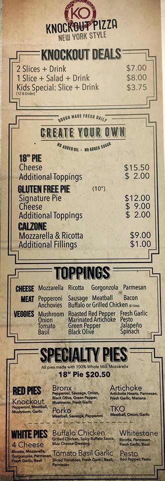 Knockout Pizza menu in Oceanside, California