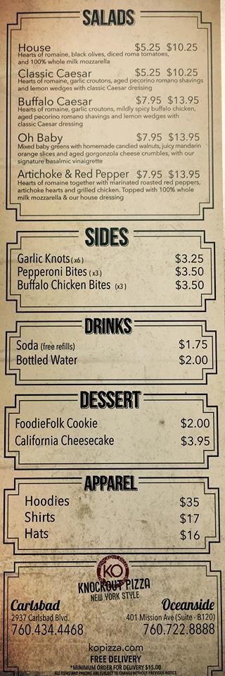 Knockout Pizza menu in Oceanside, California