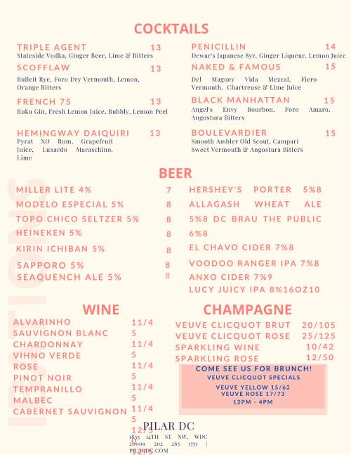 Bar Pilar menu in Washington, Washington D.C, USA