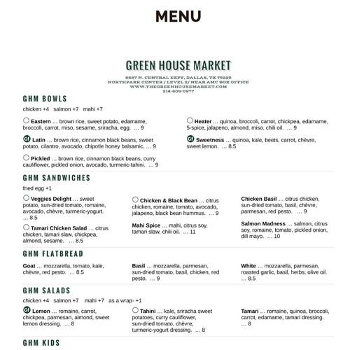 Green House Market menu in Dallas, Texas, USA