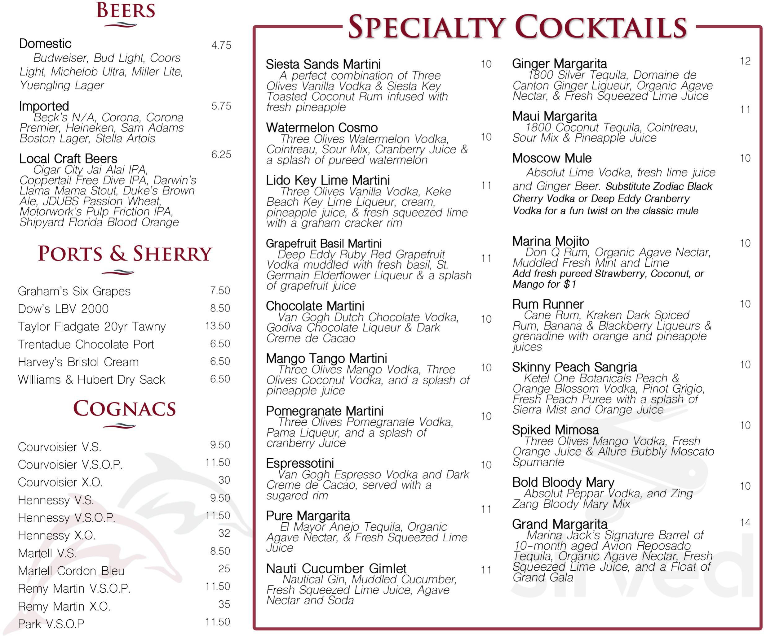 Marina Jack menu in Sarasota, Florida, USA