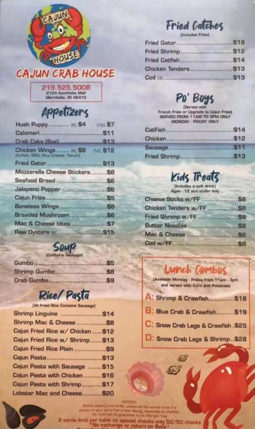 Cajun Crab House menu in Merrillville, Indiana, USA