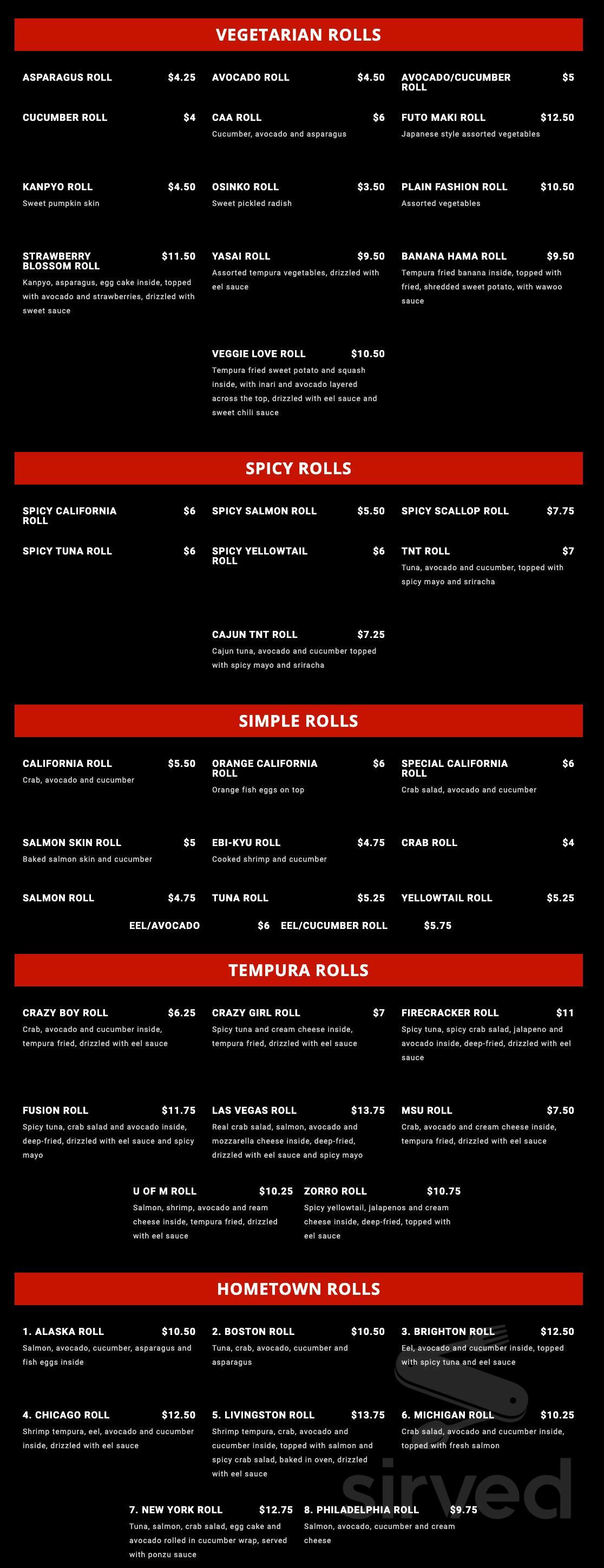 Sushi Zen menu in Brighton, Michigan