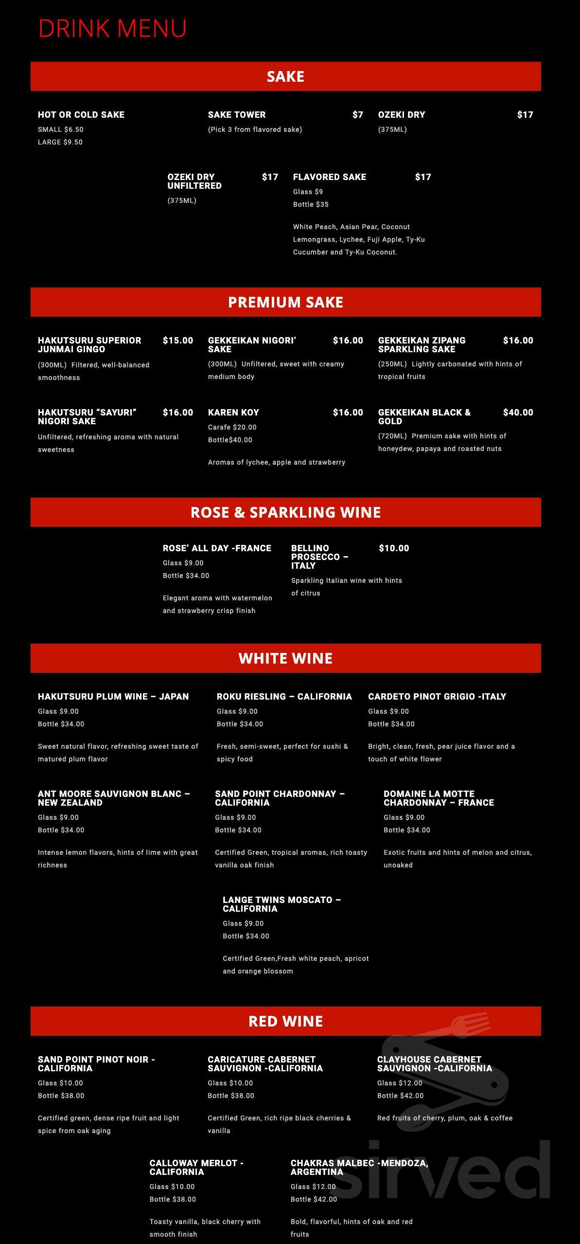 Sushi Zen drink menu in Brighton, Michigan
