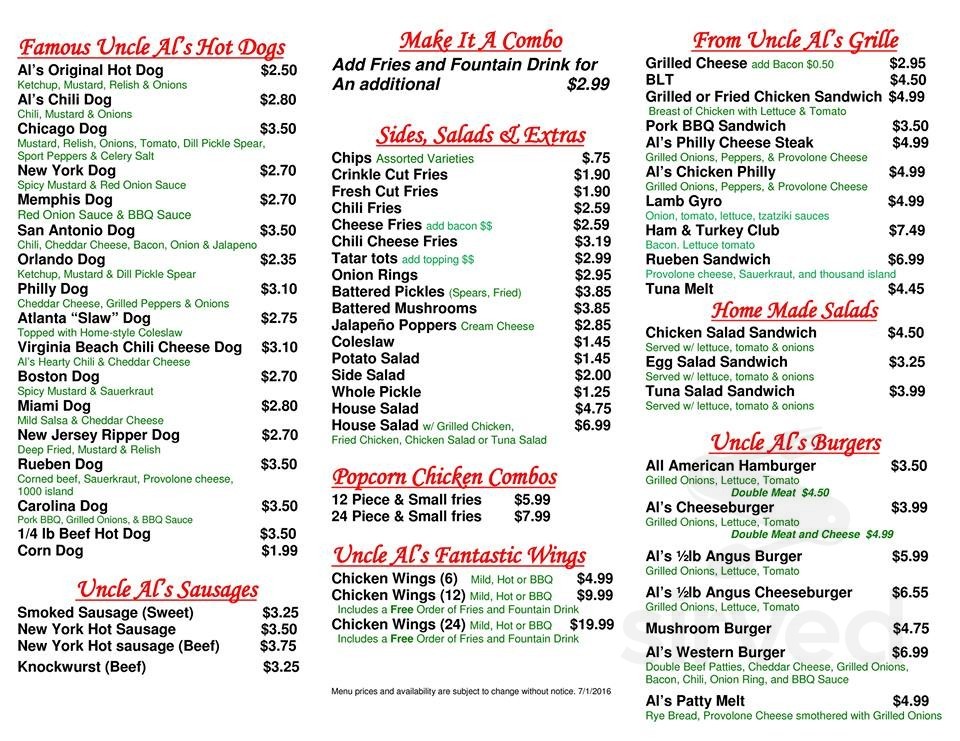 Famous Uncle Al's Hotdogs menu in Norfolk, Virginia, USA