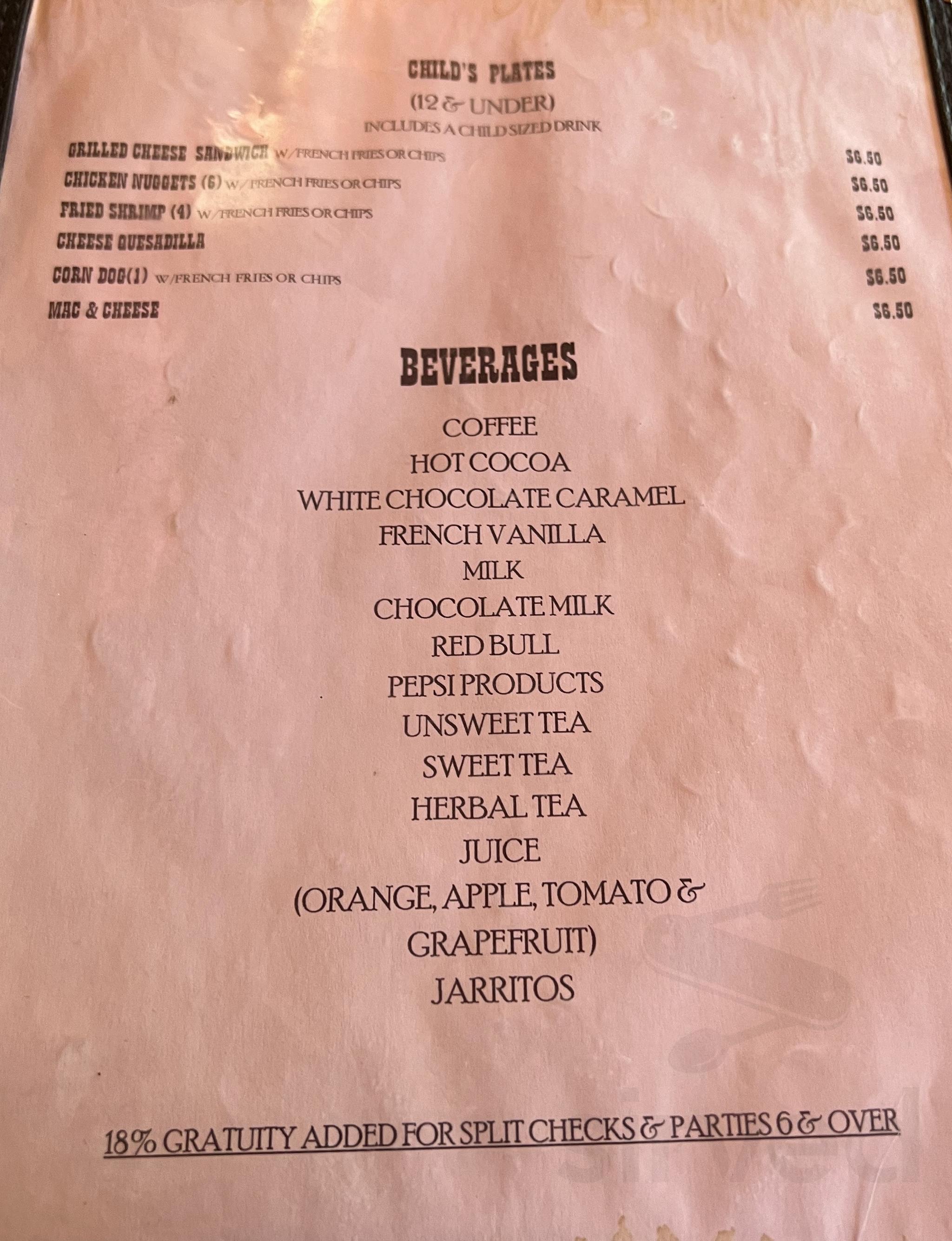Old Tymers Cafe menu in Red River, New Mexico, USA
