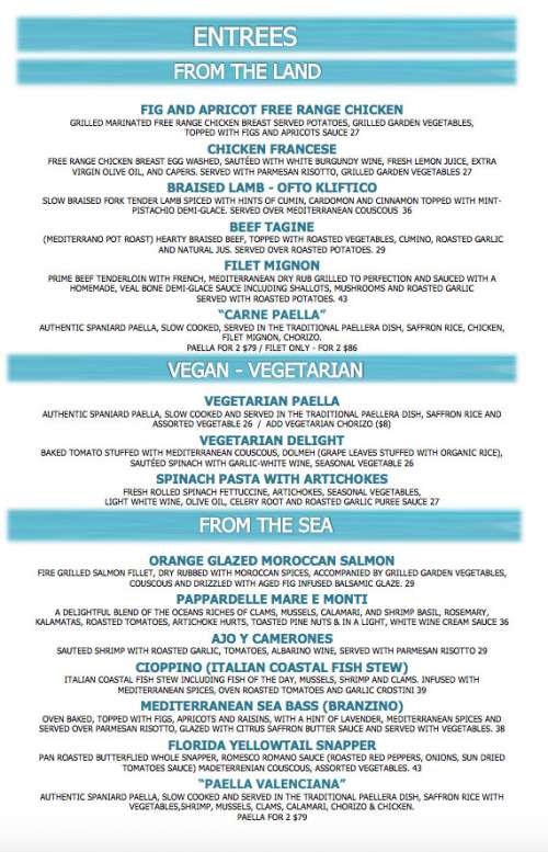 Mediterrano menu in Naples, Florida, USA