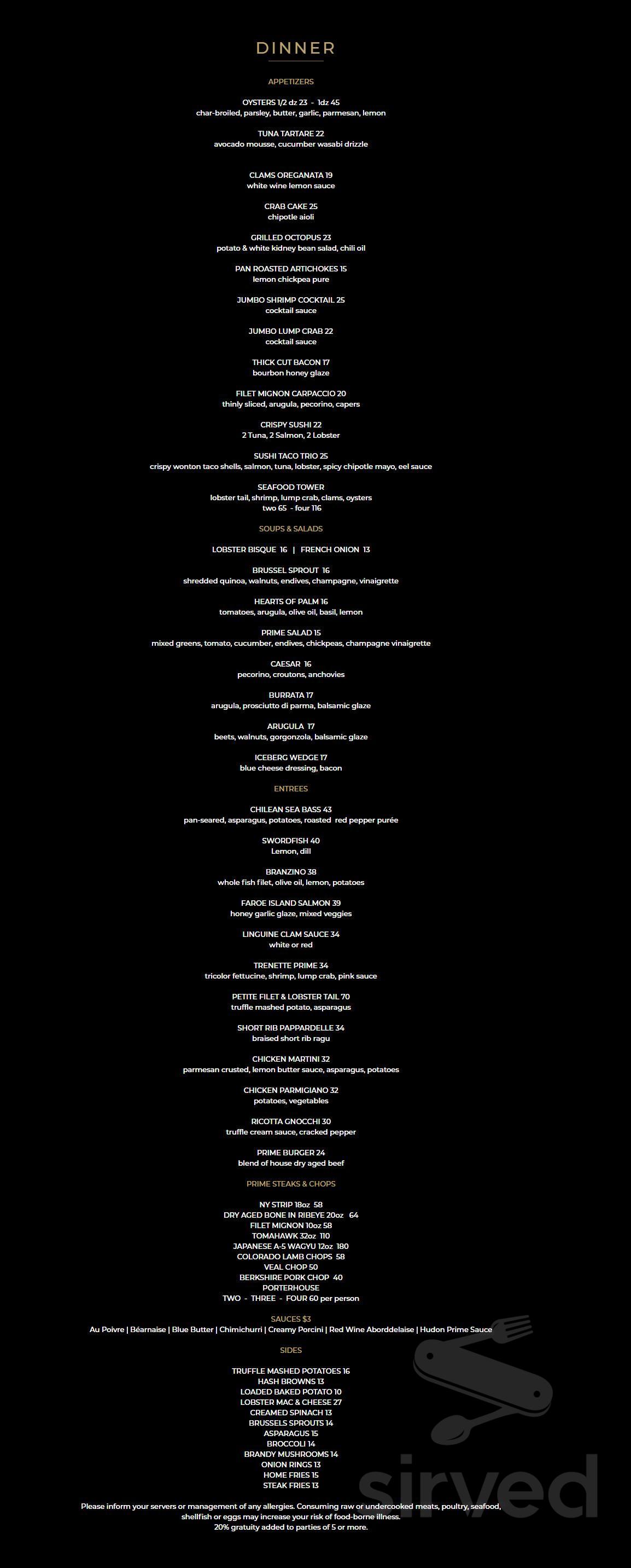 Hudson Prime Steakhouse menu in Irvington, New York, USA