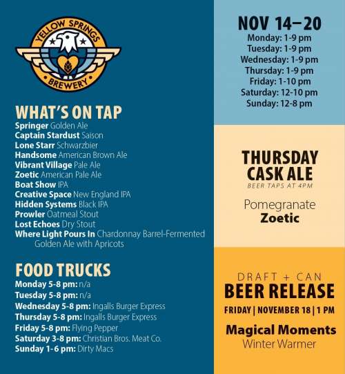 Yellow Springs Brewery menu in Yellow Springs, Ohio, USA