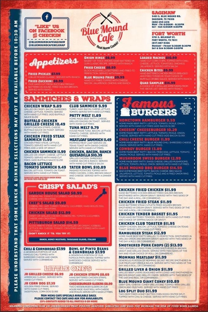 Menu - Fort Worth TX's Blue Mound Cafe - Belkap | Sirved