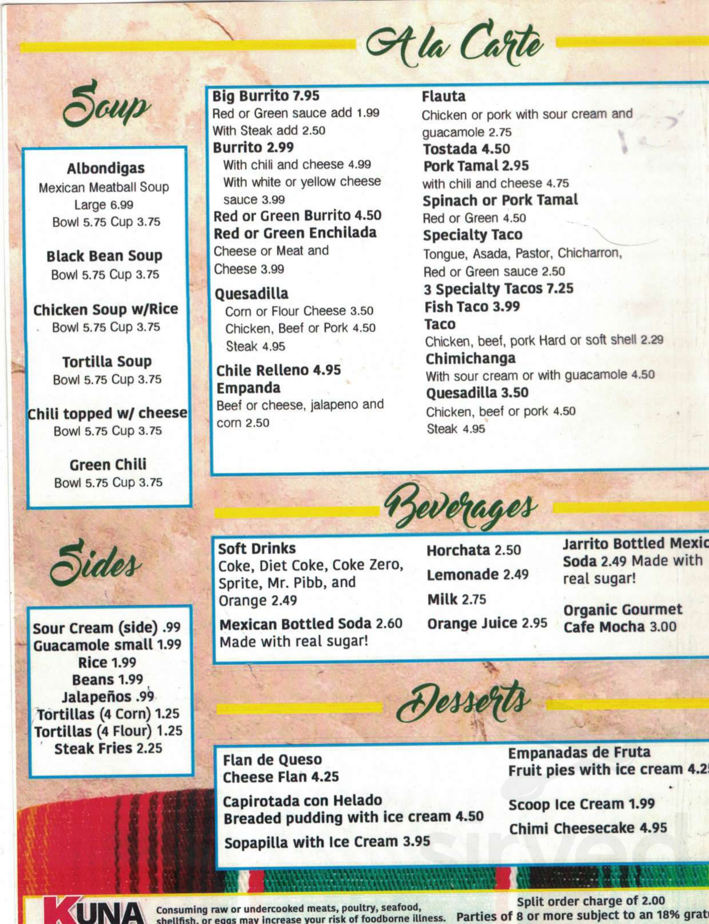 Pueblo Nuevo Mexican Restaurant menu in Hazelwood, Missouri, USA