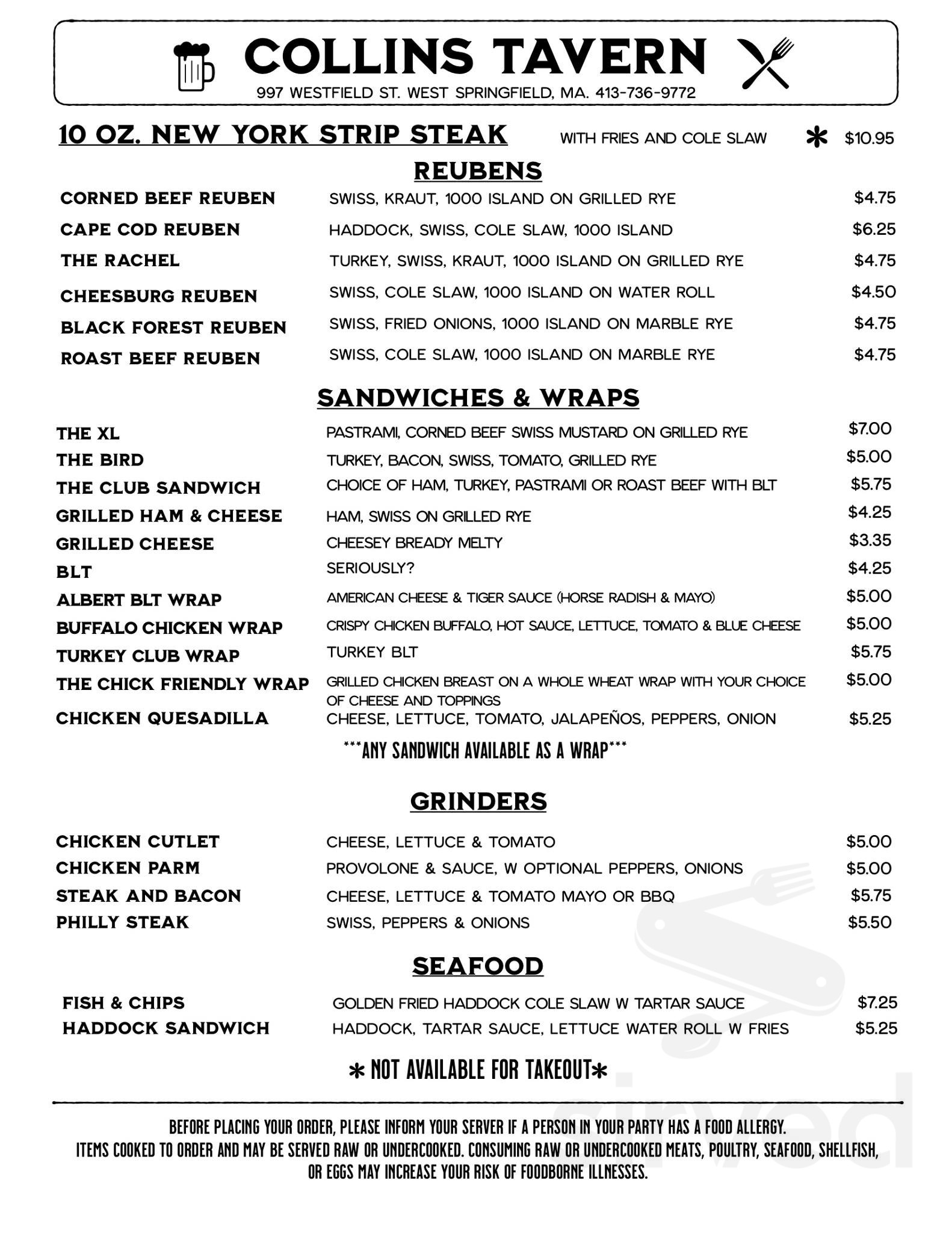 Collins Tavern Menu In West Springfield Massachusetts USA