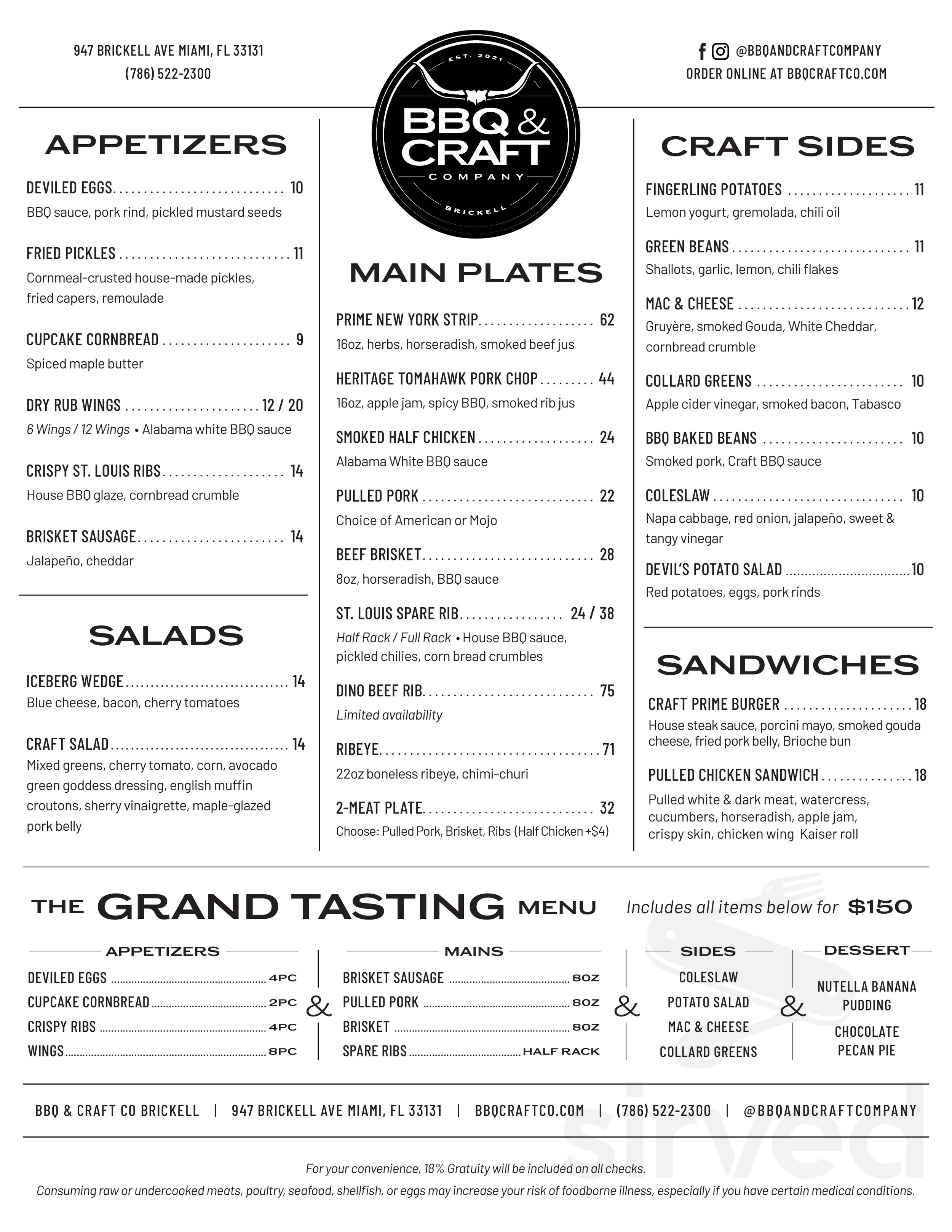 BBQ & Craft Company menu in Miami, Florida, USA