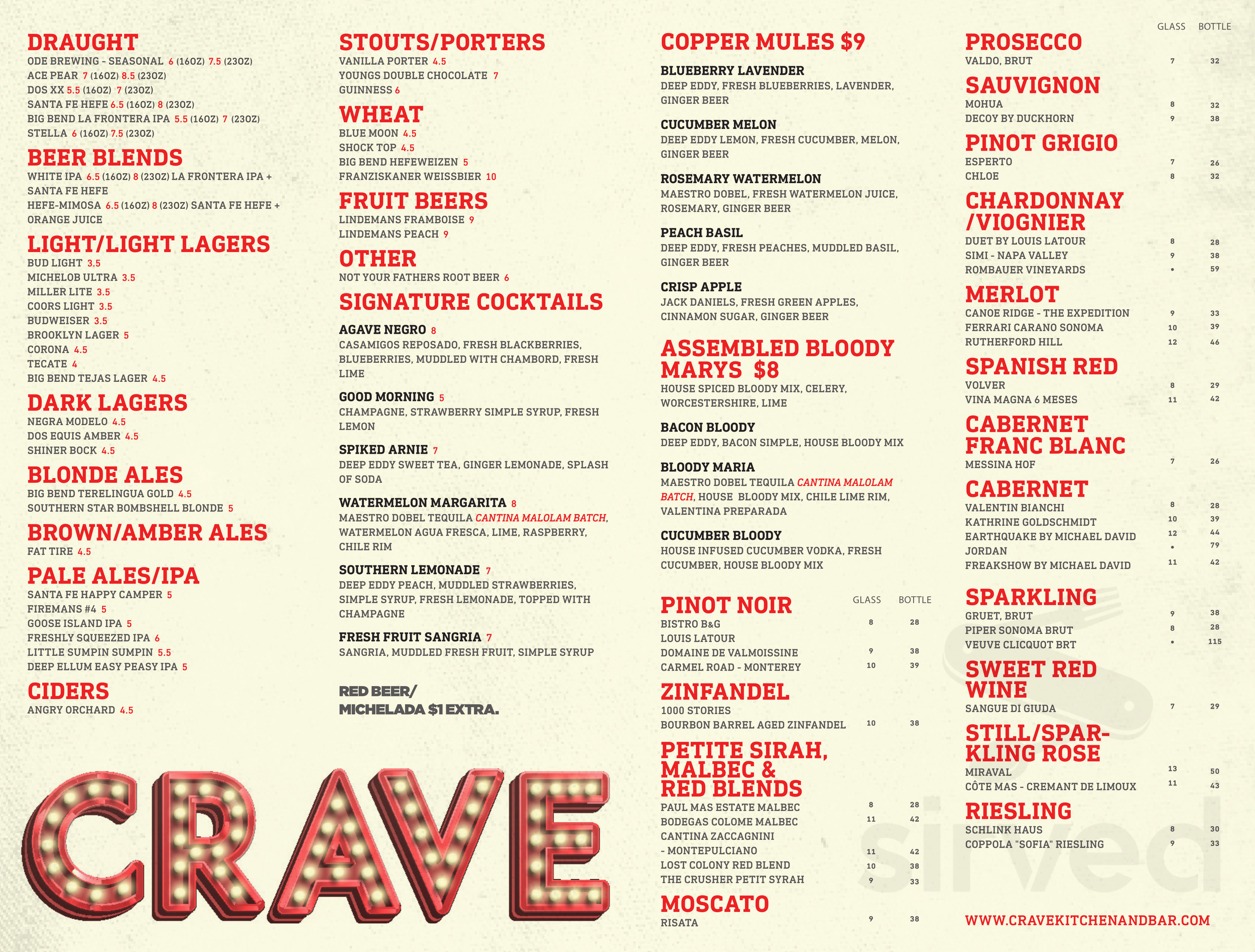 Menu El Paso TX's Crave Kitchen & Bar Sirved