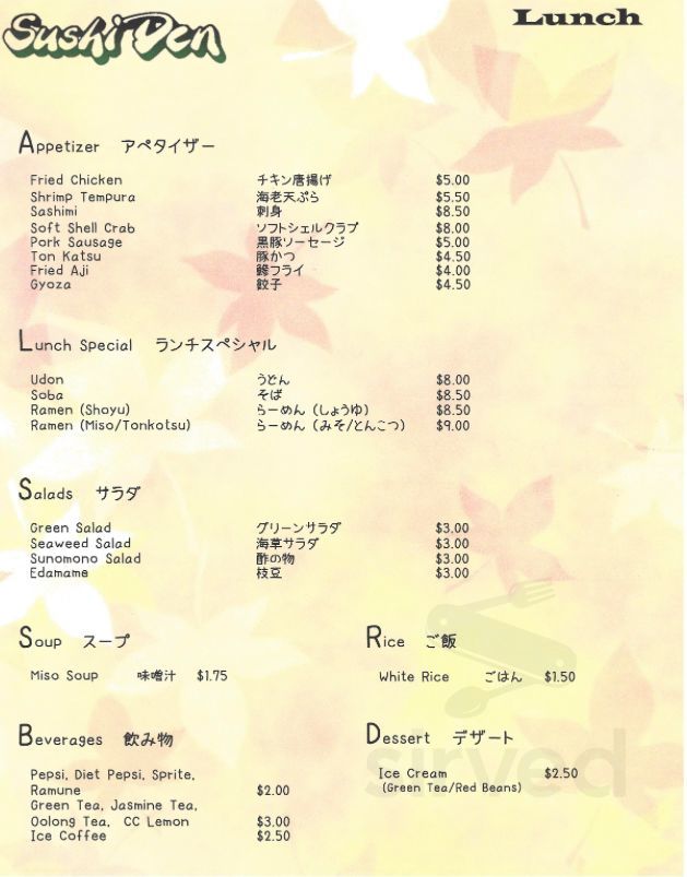 Sushi Den lunch menu in Walled Lake, Michigan