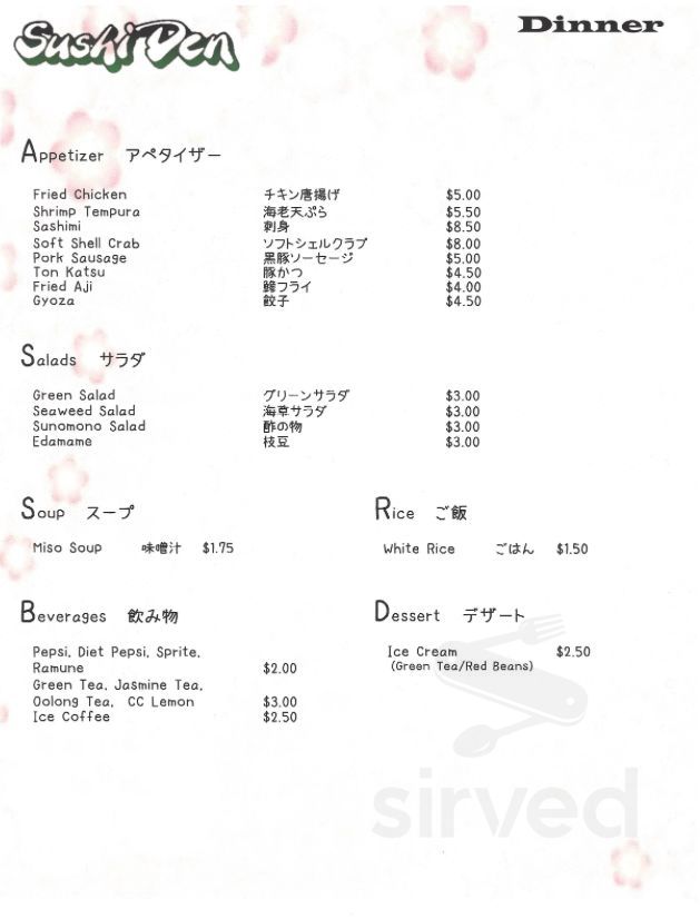 Sushi Den menu in Walled Lake, Michigan