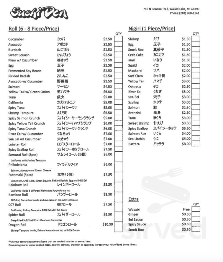Sushi Den menu in Walled Lake, Michigan