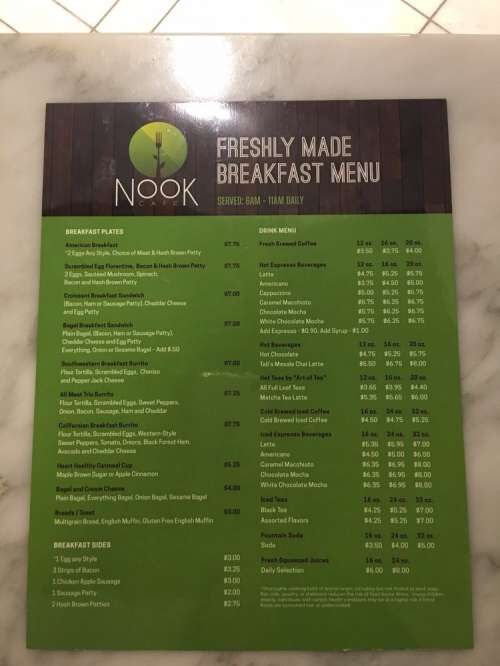 Nook Cafe menu in Las Vegas, Nevada, USA