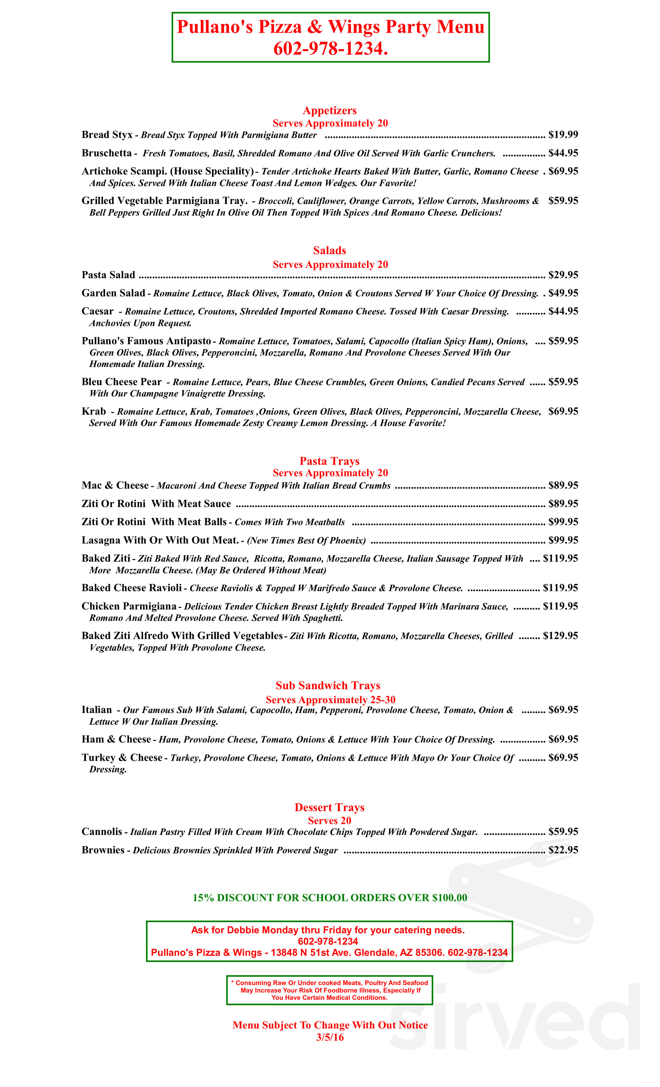 Pullano's Pizza menu in Glendale, Arizona, USA