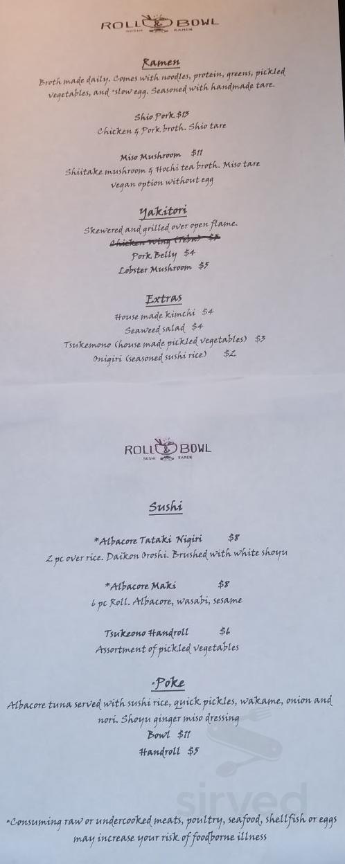 Roll And Bowl menu in Astoria, Oregon