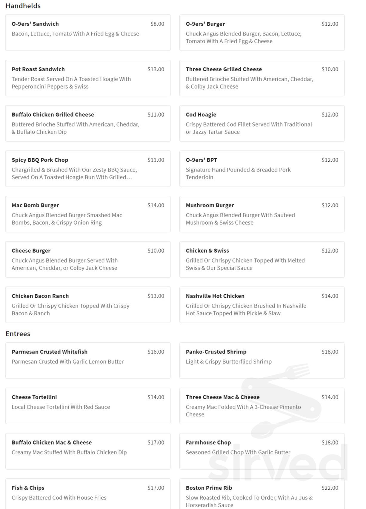 Menu for O-9ers' PUB in Streator, IL | Sirved