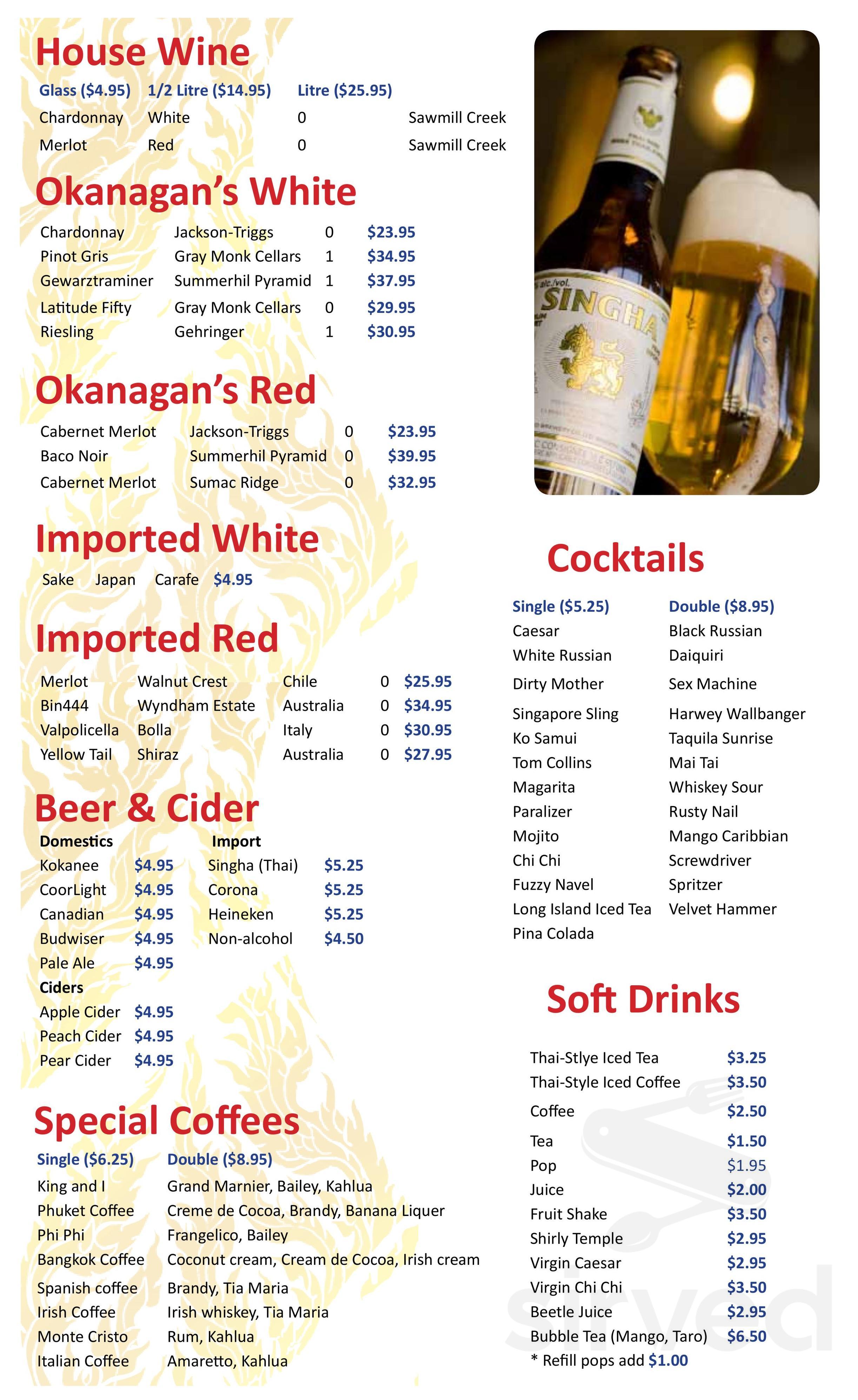 Menu Kelowna BC's Bai Tong Thai Food Sirved