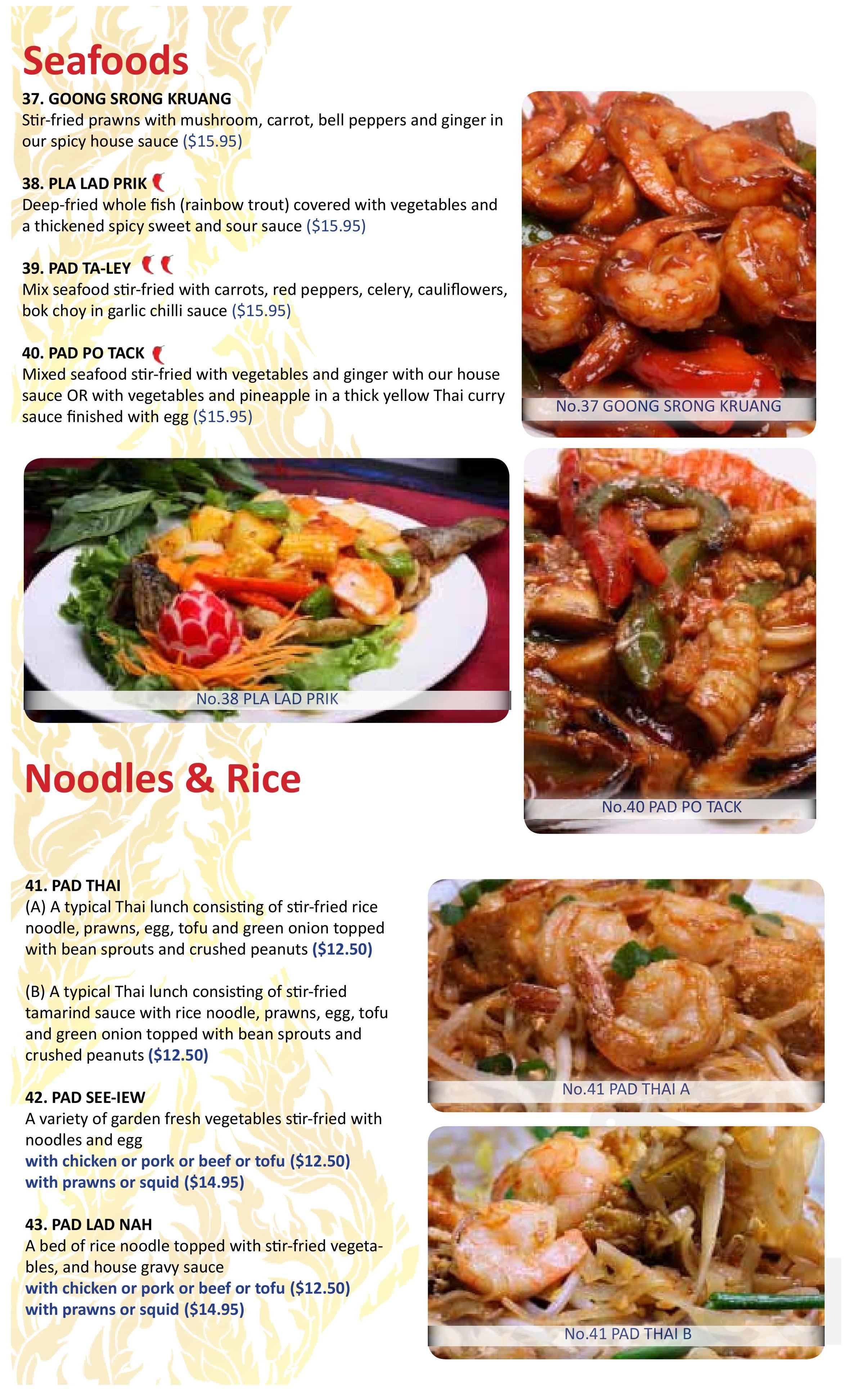 Menu Kelowna BC's Bai Tong Thai Food Sirved