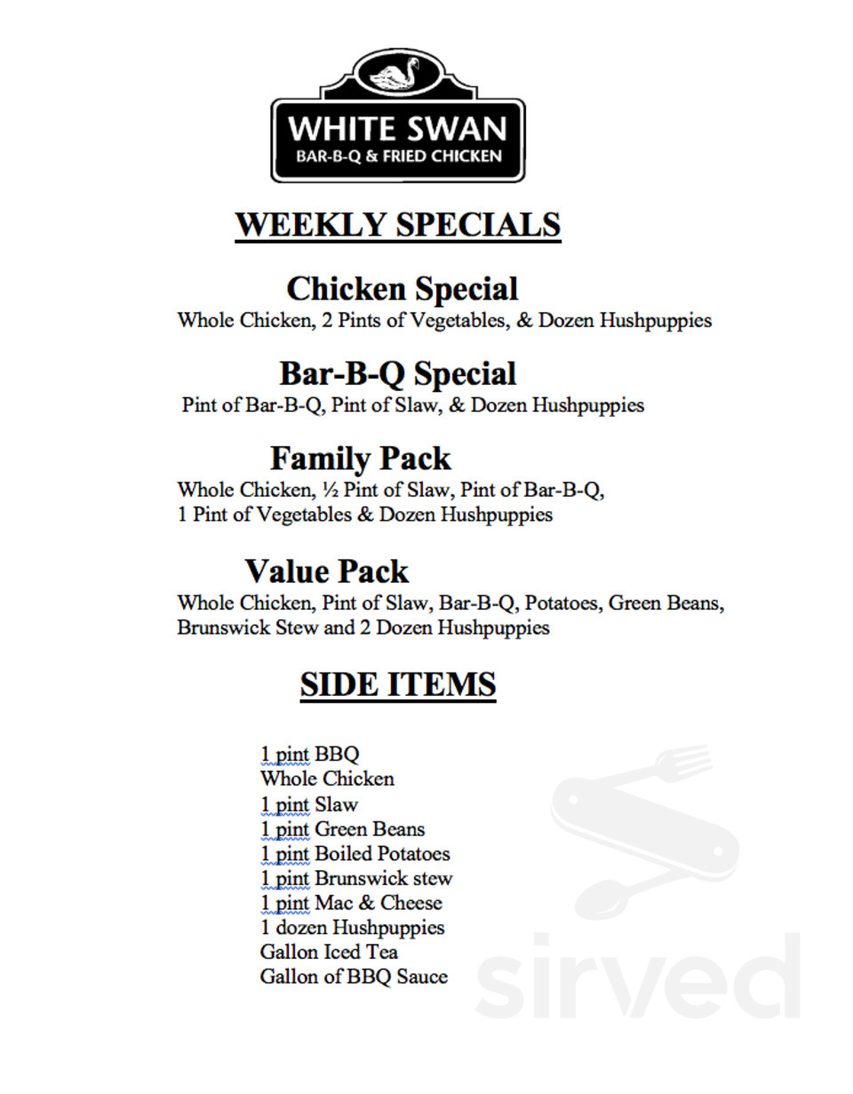 Menu - Smithfield NC's White Swan BBQ & Fried Chicken@ Wilsons Mill’s ...