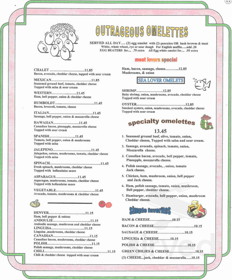 The Cutten Chalet menu in Eureka, California, USA