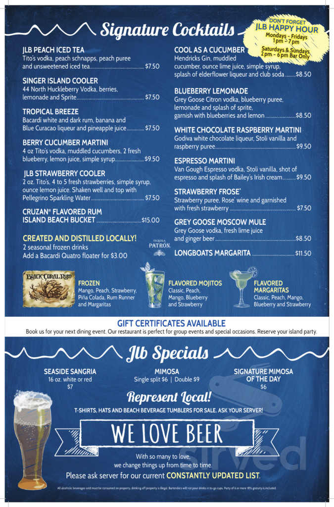 Menu Riviera Beach FL's Johnny Longboats Sirved