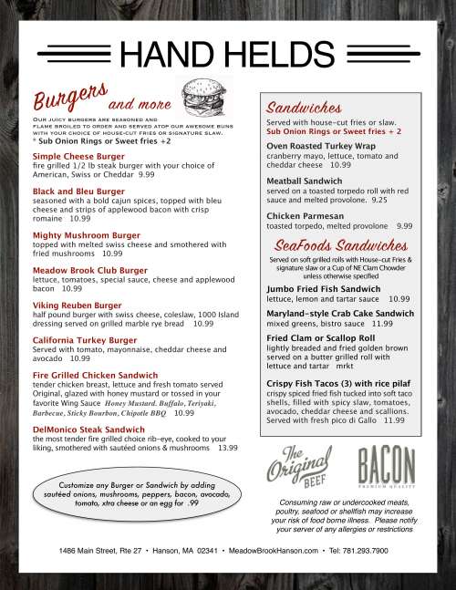 The Meadow Brook Restaurant & Functions menu in Hanson, Massachusetts, USA